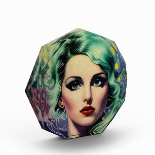 Schöne Lavender & Green Retro Style Space Frau Fotoblock