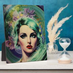 Schöne Lavender & Green Retro Style Space Frau Fotoplatte