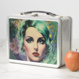 Schöne Lavender & Green Retro Style Space Frau Metall Brotdose