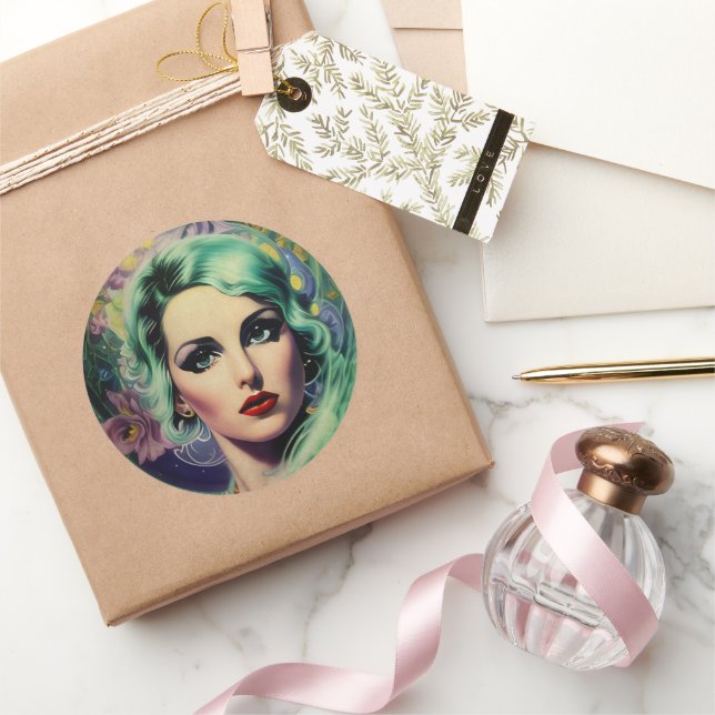 Schöne Lavender & Green Retro Style Space Frau Runder Aufkleber (Schenken)