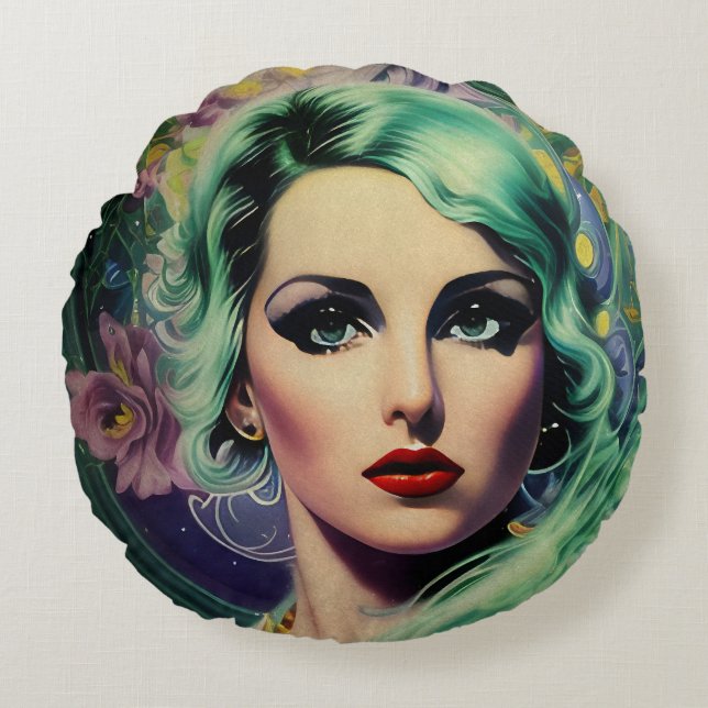 Schöne Lavender & Green Retro Style Space Frau Rundes Kissen (Vorderseite)