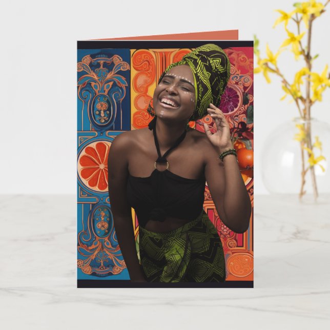 Schöne, lebendige, kreative afrikanische Lady Gebu Karte (Gelbe Blume)