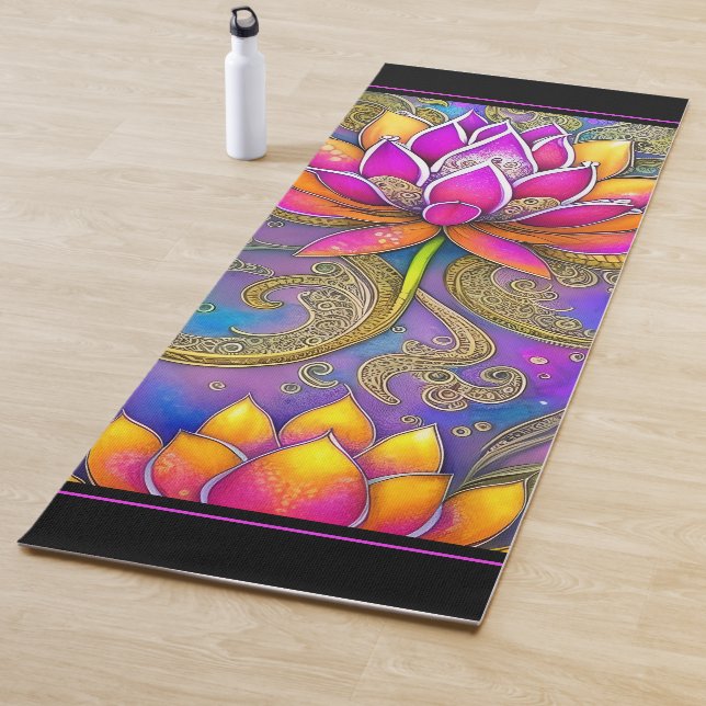 Schöne, lebhafte Rosa Verzierte Lotus-Blume Yogamatte (Beispiel)