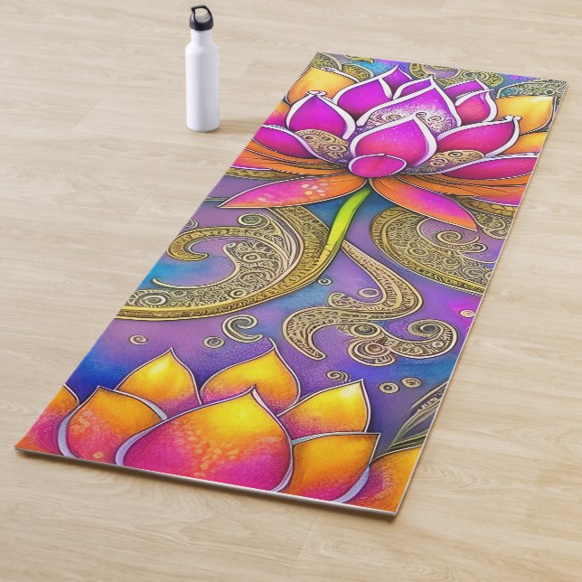 Schöne, lebhafte Rosa Verzierte Lotus-Blume Yogamatte (Beispiel)