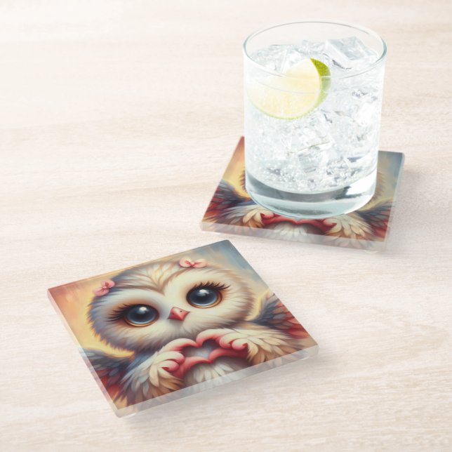 Schöne Liebe Herz Owl Glasuntersetzer (Schrägansicht)