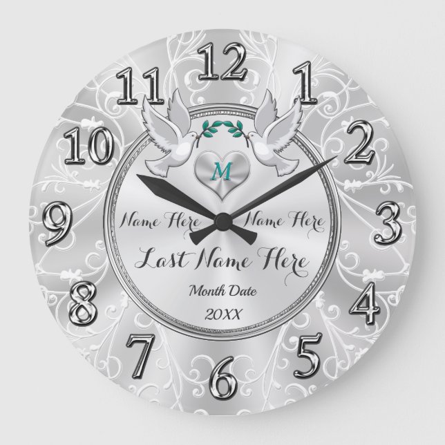 Schöne Liebesvögel Einzigartige Hochzeitshaube Große Wanduhr (Vorderseite)