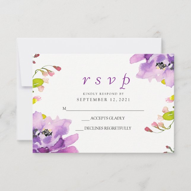 Schöne Lila Blumen Hochzeit RSVP Einladung (Vorderseite)