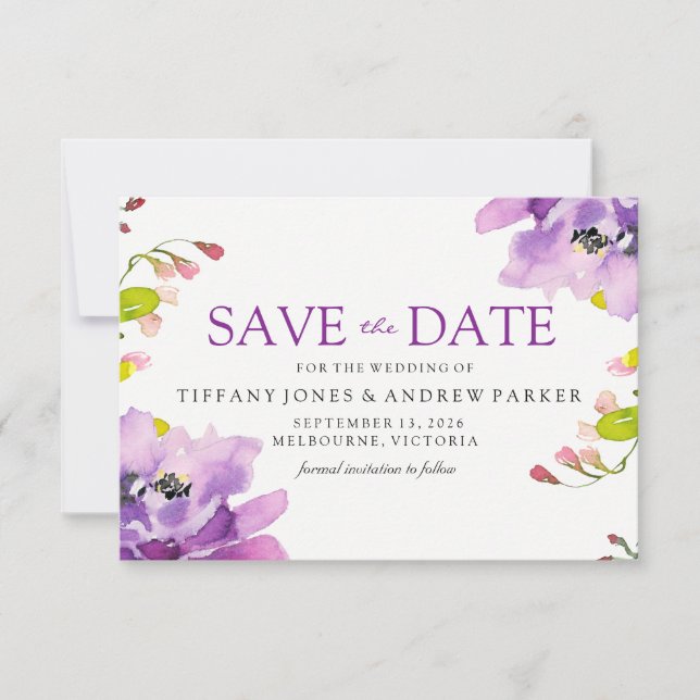 Schöne Lila Blumenhochzeit rettet das Datum Save The Date (Vorderseite)