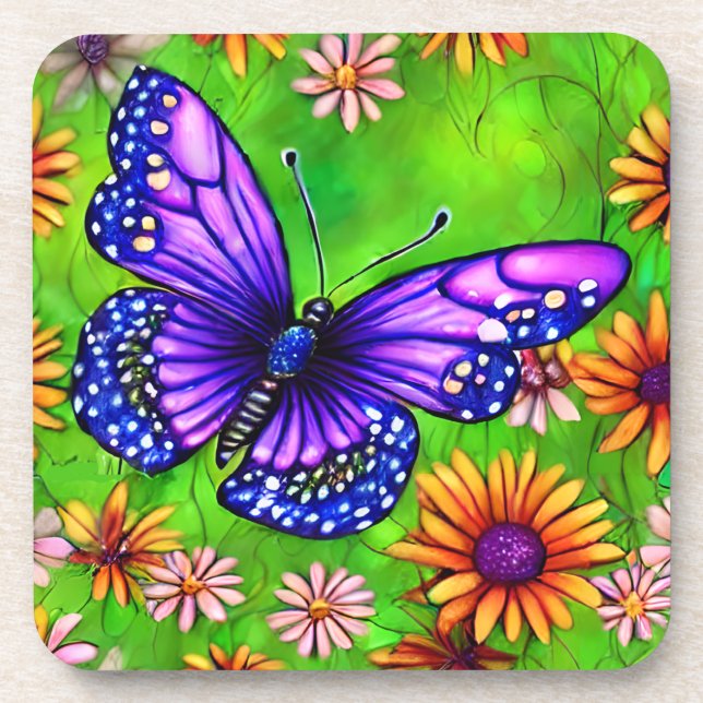 Schöne Lila Butterfly Blume Wiese Getränkeuntersetzer (Vorderseite)