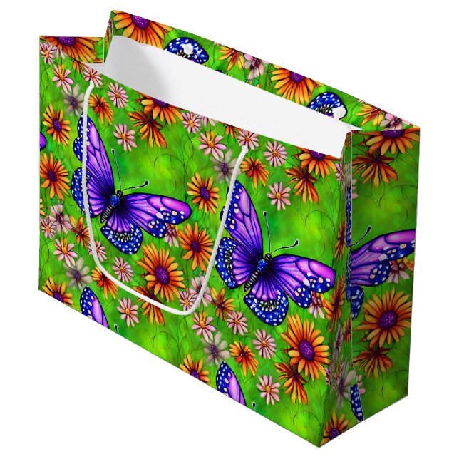 Schöne Lila Butterfly Blume Wiese Große Geschenktüte (Vorderseite Schrägansicht)