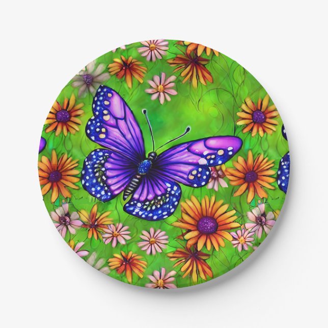 Schöne Lila Butterfly Blume Wiese Pappteller (Vorderseite)