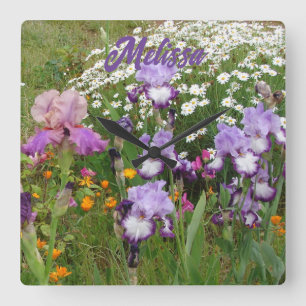 Schöne lila Iris Schwertlilien-Blume Blumen Garten Quadratische Wanduhr