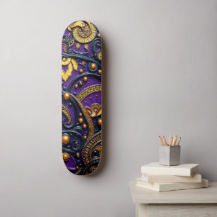 Schöne lila schwarze goldene florale Abstraktion Skateboard
