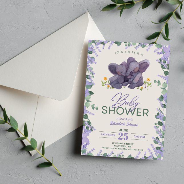 Schöne Lila und grüne Blütenlephant Baby Showe Einladung (Adorable Purple & Green Floral Elephant Baby Showe Invitation)
