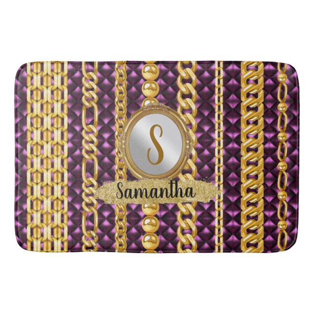 Schöne Lila Velvet Gold Monogram Elegante Chic Badematte (Vorderseite)
