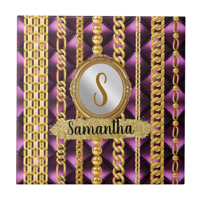 Schöne Lila Velvet Gold Monogram Elegante Chic Fliese (Vorderseite)