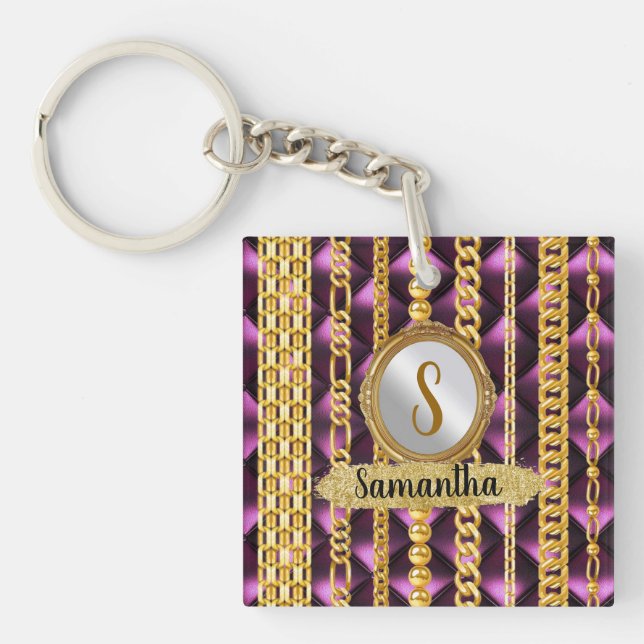 Schöne Lila Velvet Gold Monogram Elegante Chic Schlüsselanhänger (Vorderseite)