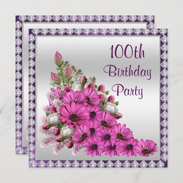 Schöne Lilac Bouquet & Diamonds 100. Geburtstag Einladung (Vorne/Hinten)