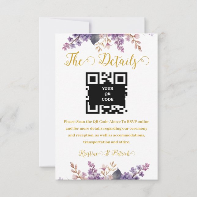 Schöne Lilac Vineyard Wedding Details QR Code RSVP Karte (Rückseite)