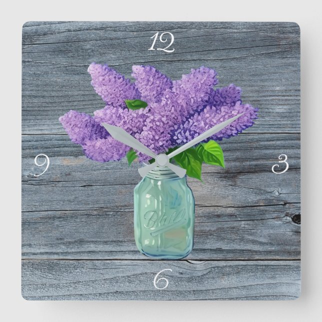 Schöne Lilacs im rustikalen Mason Jar Quadratische Wanduhr (Vorderseite)