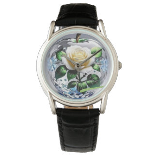 Schöne Logogestaltung einer Rosenblume über dem Bu Armbanduhr