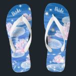 Schöne Lotus Wasserlilie Blue White Wedding Bridge Flip Flops<br><div class="desc">Diese wunderschönen Flip-Flops mit eleganten Lotus-Blume und Sternen im blauen Hintergrund sind eine hübsche Vorstellung für Ihre Hochzeit. Sie werden Ihren Hochzeitstag, Ihren Junggeselinnen-Abschied oder andere Feierlichkeiten mit einer stilvollen Glasur ergänzen. Strich Anpassen Sie es mit Ihrer Formulierung durch die Vorlagenfelder. Wenn Sie gewollt haben, um den Stil, die Farbe...</div>