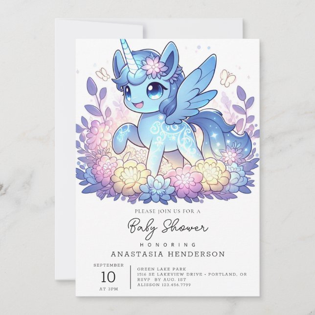 Schöne, magische Einhorn-Kinderdusche Einladung (Vorderseite)