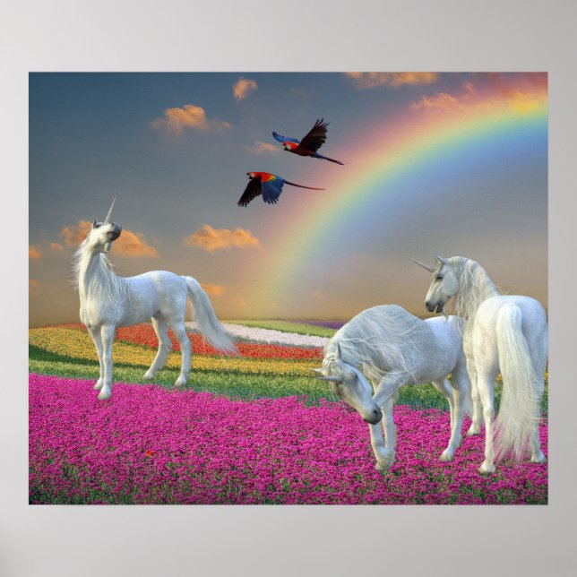 Schöne magische Einhornbahn Blume Landschaft Poster (Vorne)