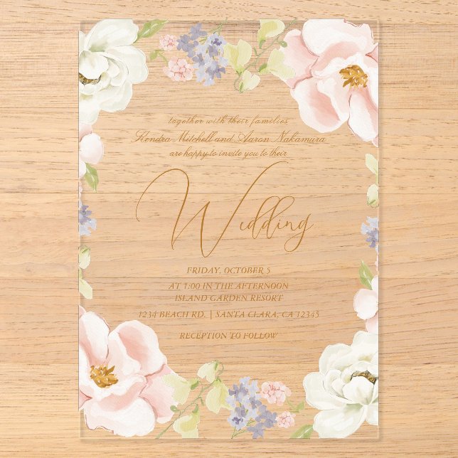 Schöne Magnolia Blume Frühling Monogram Wedding Acryleinladungen (Vorderseite)