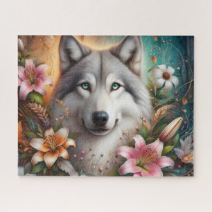 Schöne majestätische Wolfe mit floralen Lilien