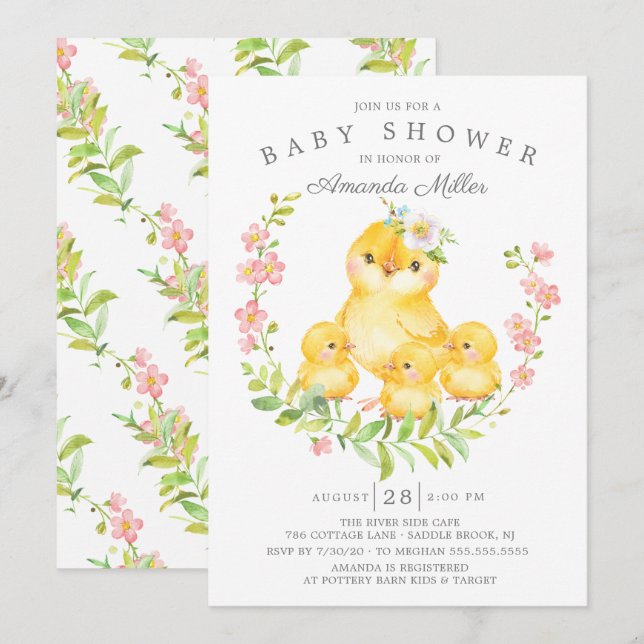 Schöne Mama & Baby Chicks Triplets Babydusche Einladung (Vorne/Hinten)