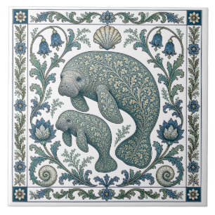 Schöne Manatee-Mutter Und Baby Vintage Ornament Fliese