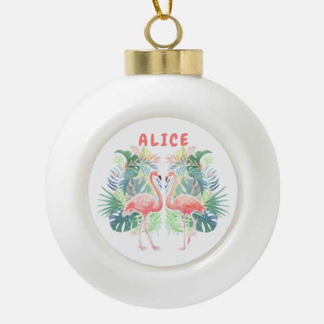 Schöne Märchen für zwei Flamingo Tropical Blume Keramik Kugel-Ornament (Vorderseite)