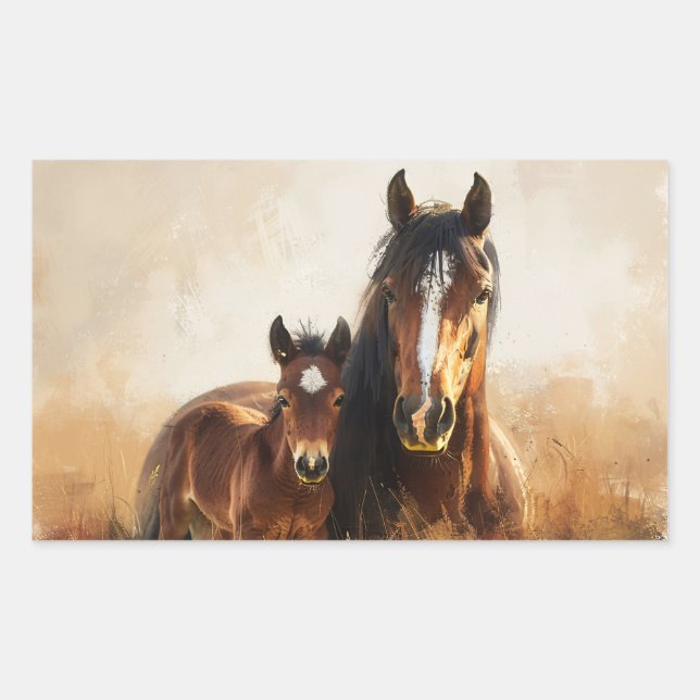 Schöne Mare- und Foal-Malerei Rechteckiger Aufkleber (Vorderseite)