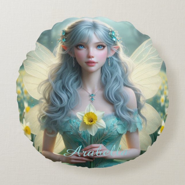 Schöne März Fairy in Daffodien Rundes Kissen (Vorderseite)