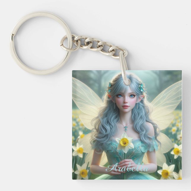 Schöne März Fairy in Daffodien Schlüsselanhänger (Vorderseite)
