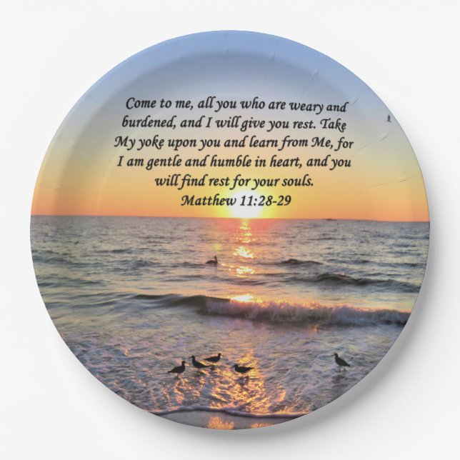 SCHÖNE MATTHEW 11:28 SONNENRISE FOTO DESIGN PAPPTELLER (Vorderseite)