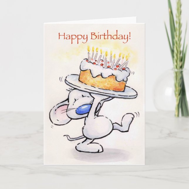 Schöne Maus mit riesigem Kuchen, Happy Birthday Karte (Vorderseite)