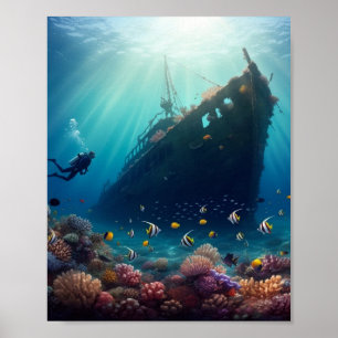 Schöne Meeresriff und Schiffswrack Poster