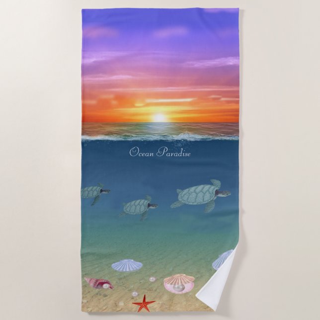 Schöne Meeressonne, Meeresschildkröten und Perlen Strandtuch (Vorderseite)