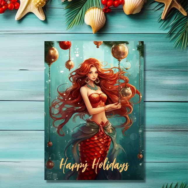 Schöne Meerjungfrau Happy Holidays Weihnachten Karte (Front - Beautiful Mermaid Happy Holidays Christmas Card)