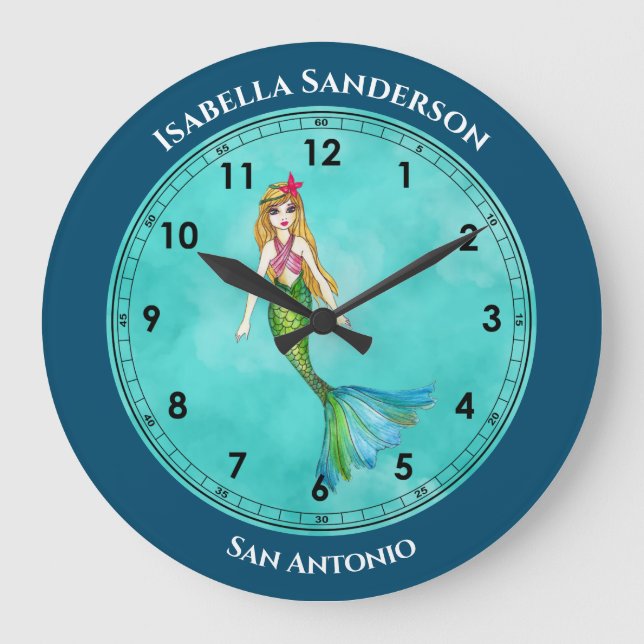 Schöne Meerjungfrau mit Long Blonde Hair Große Wanduhr (Vorderseite)