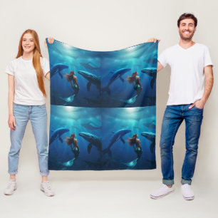 Schöne Meerjungfrau schwimmt mit Buckelwalen, Fleecedecke