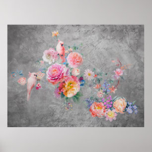 Schöne mehrfarbige Blume und Vögel auf der Insel Poster