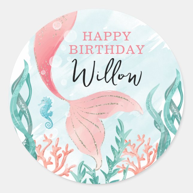 Schöne Mermaid Girl Happy Birthday Sticker (Vorderseite)