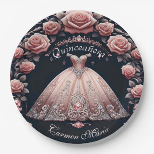 Schöne mexikanische Quinceañera-Rose Pappteller