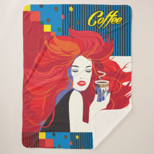 Schöne Mode-Frau mit Kaffeetasse modern Sherpadecke