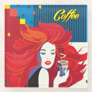 "Schöne Mode-Frau mit Kaffeetasse-" Pop Kunst Glasuntersetzer