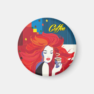 "Schöne Mode-Frau mit Kaffeetasse-" Pop Kunst Magnet