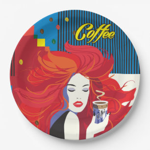 "Schöne Mode-Frau mit Kaffeetasse-" Pop Kunst Pappteller